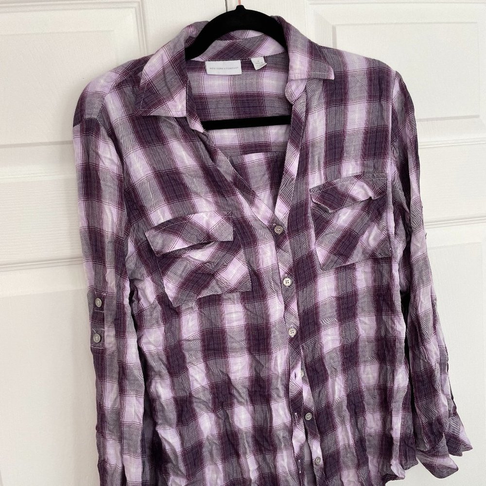 Purple Plaid Button Down Blouse